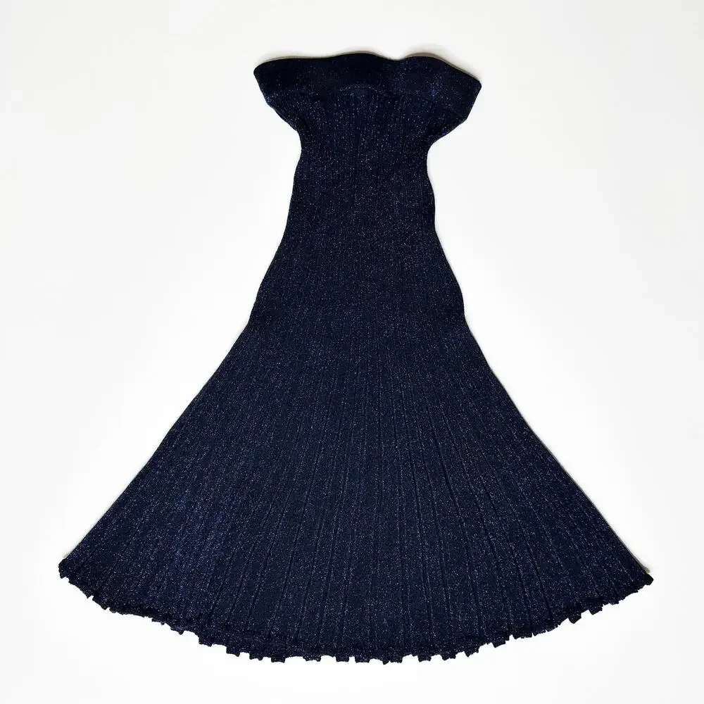 & Other Stories Glittery Pleated Rib Knit Midnight Navy Blue Sheer Midi Skirt XS